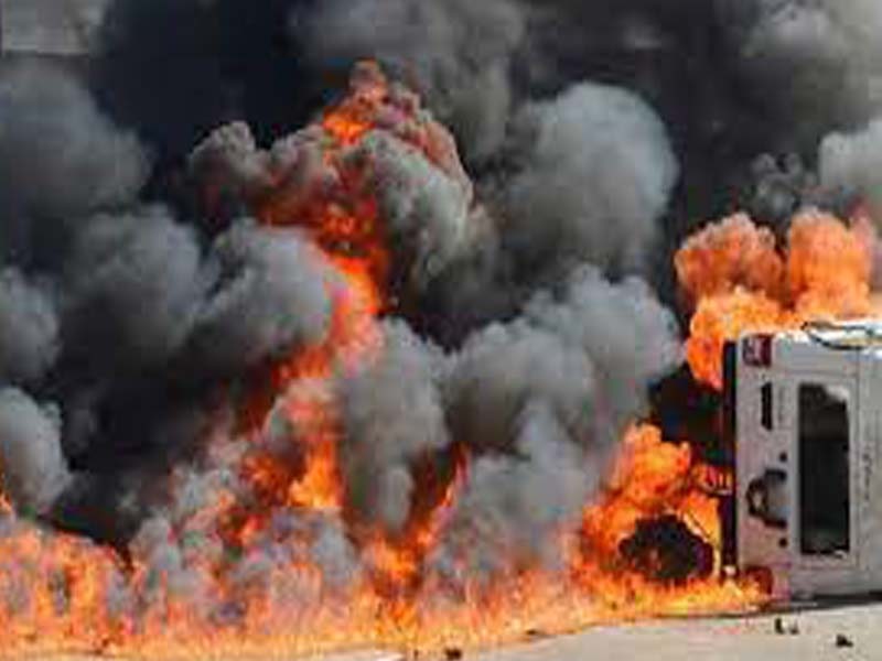 Two people burnt alive & another died when a chemical loaded lorry overturned & caught fire
