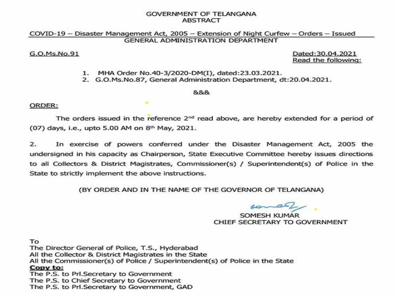 Night curfew extended by one more week in Telangana