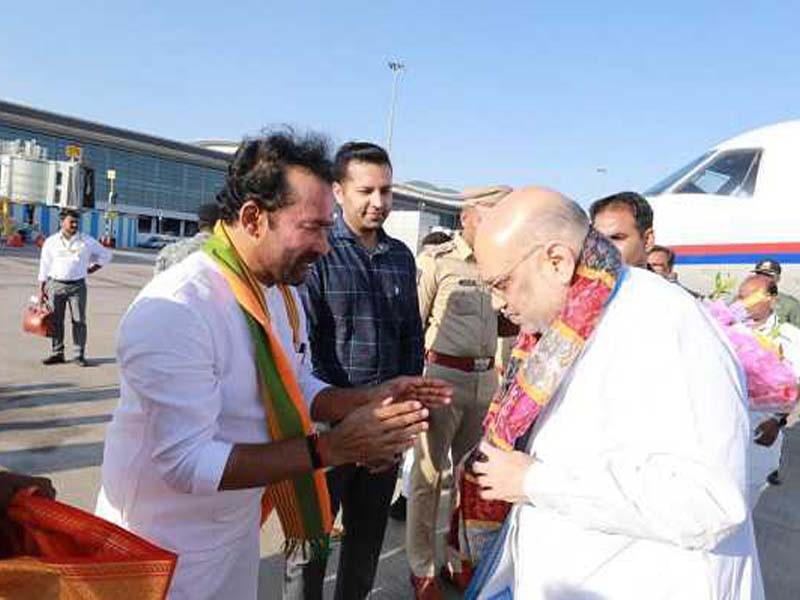 Amit Shah, the union’s home minister, arrives in Hyderabad