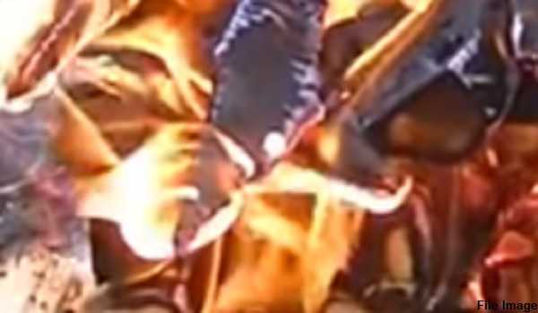 In Siddipet, Telangana, an elderly man constructs his own pyre and lights himself on fire.