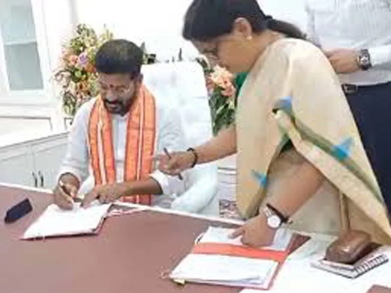At the Br Ambedkar Telangana State Secretariat, Revanth Reddy takes over as chief minister.