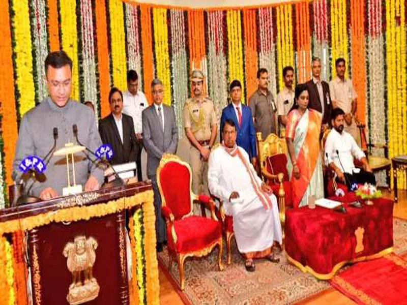 Akbaruddin Owaisi of AIMIM takes the pro-tem speaker oath.