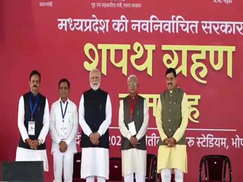 At Yadav’s sworn-in ceremony as MP CM, Modi is present.
