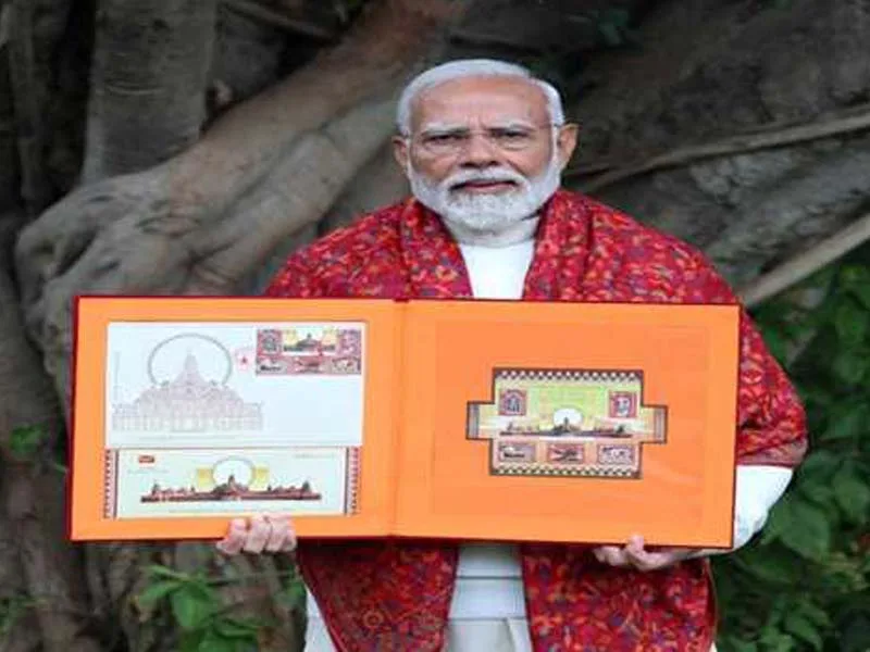 Six commemorative postage stamps honoring the Ram temple are released by PM Modi.