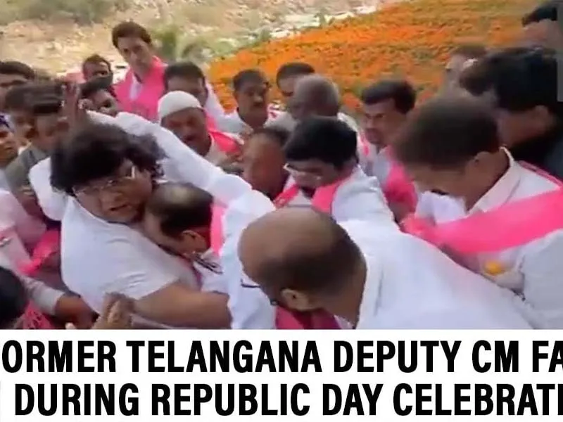 Mahmood Ali, a former Telangana deputy chief minister, passes out during Republic Day festivities