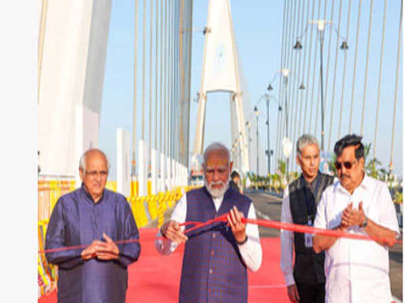 PM Modi opens the nation’s longest cable-stayed bridge, the Sudarshan Setu, in Gujarat.