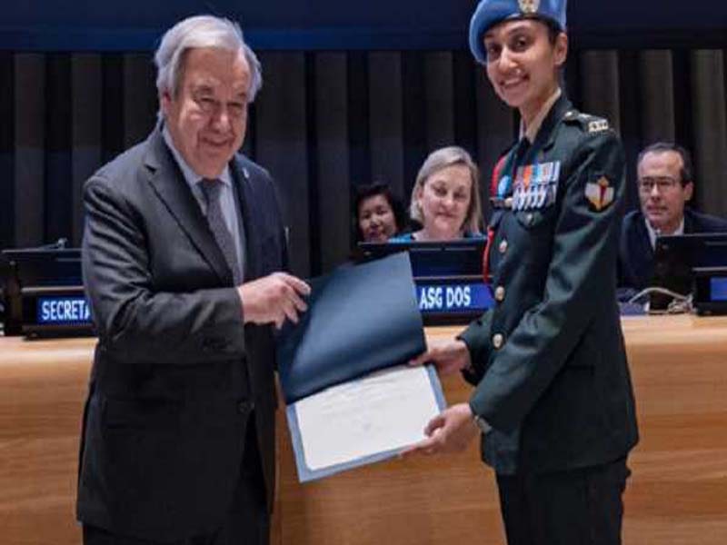 Maj Radhika Sen of India is given an honor by the UN head, who describes her as a “true leader and role model.”