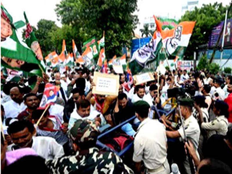 Leaders of the India bloc stage a statewide protest march in response to the breakdown of law and order in Bihar.