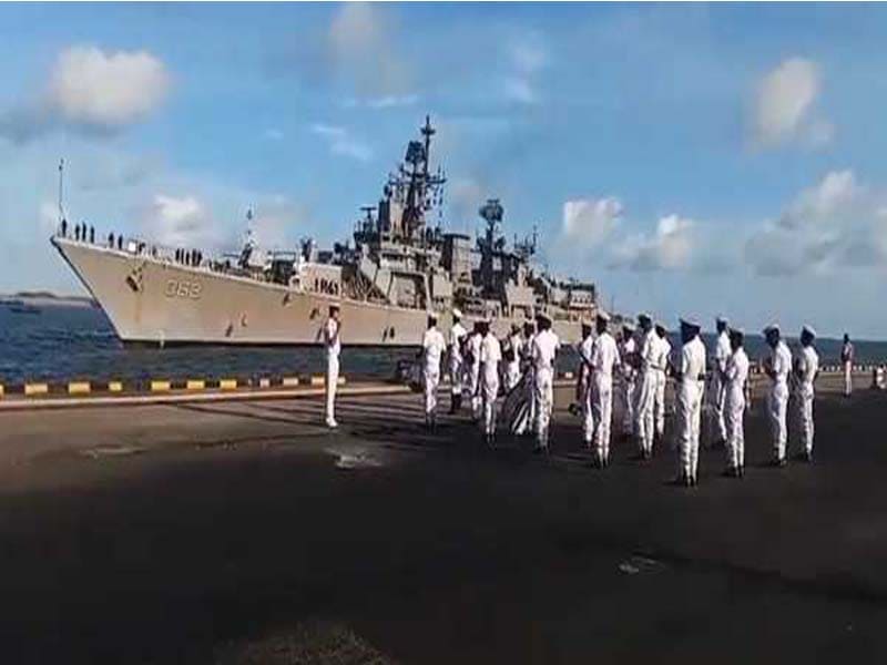 Arriving in Sri Lanka is the Indian Navy cruiser INS Mumbai.