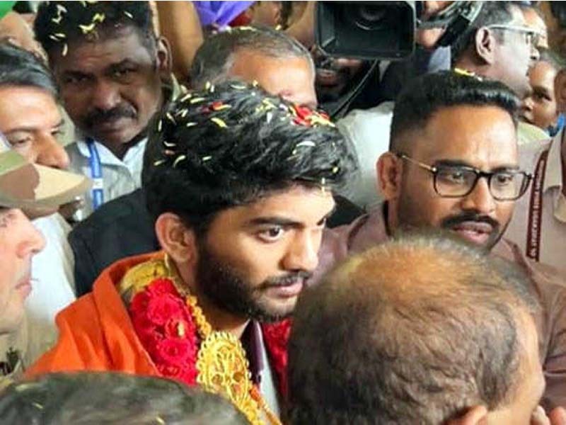 Gukesh, the world chess champion, is welcomed by a thunderclap.