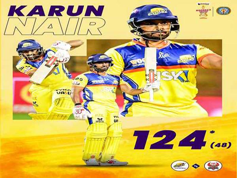 Mysore Warriors win by 27 runs thanks to an incredible century from Karun Nair.